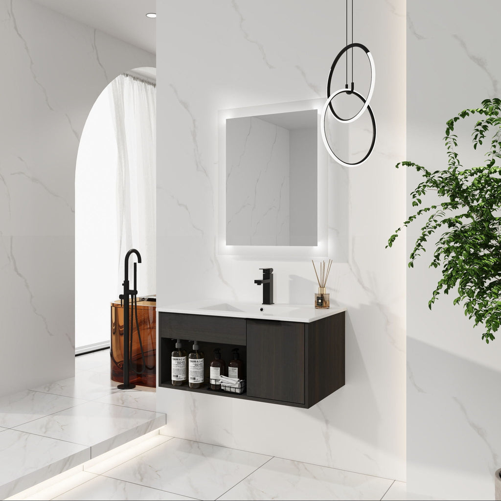 Wall Mounted Floating Bathroom Vanity with Open Shelf & Soft Close Door - Dark Brown