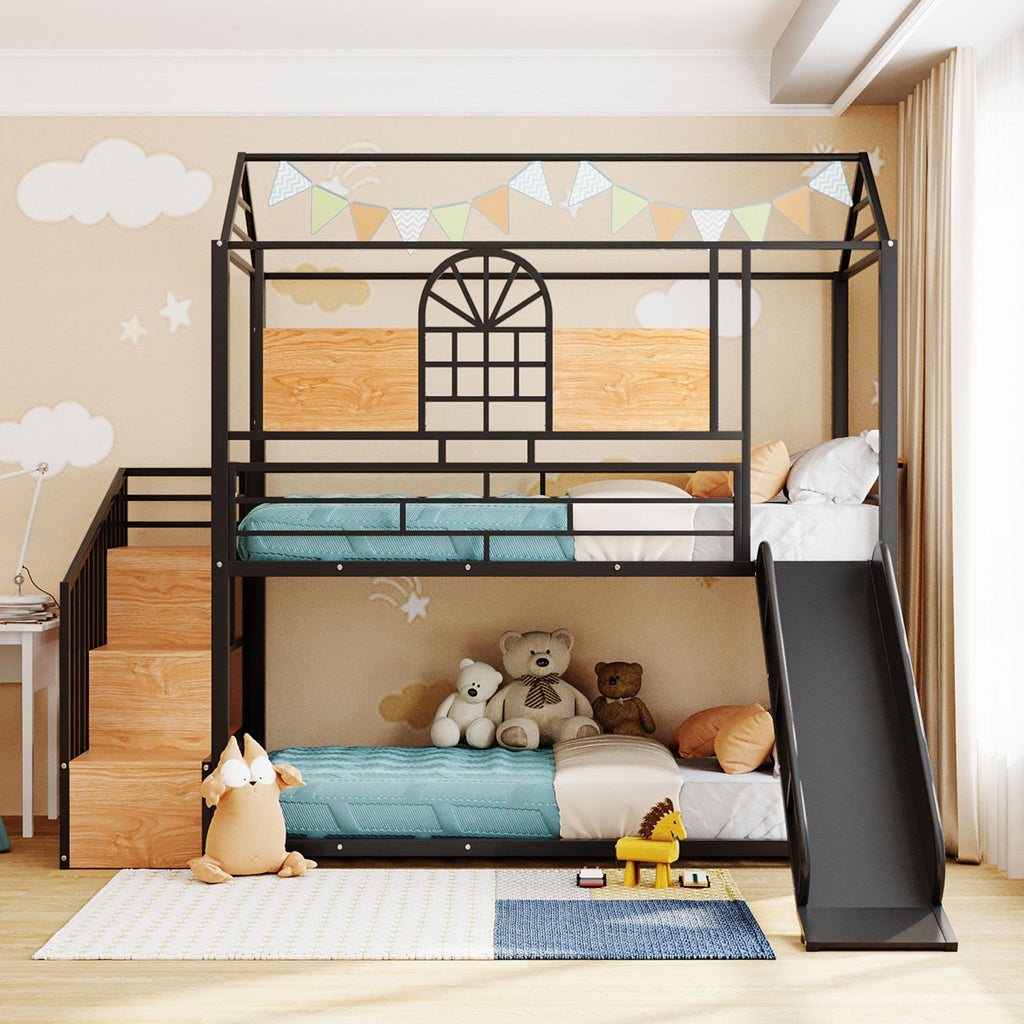 Metal Bunk Bed with Slide and Storage Stairs