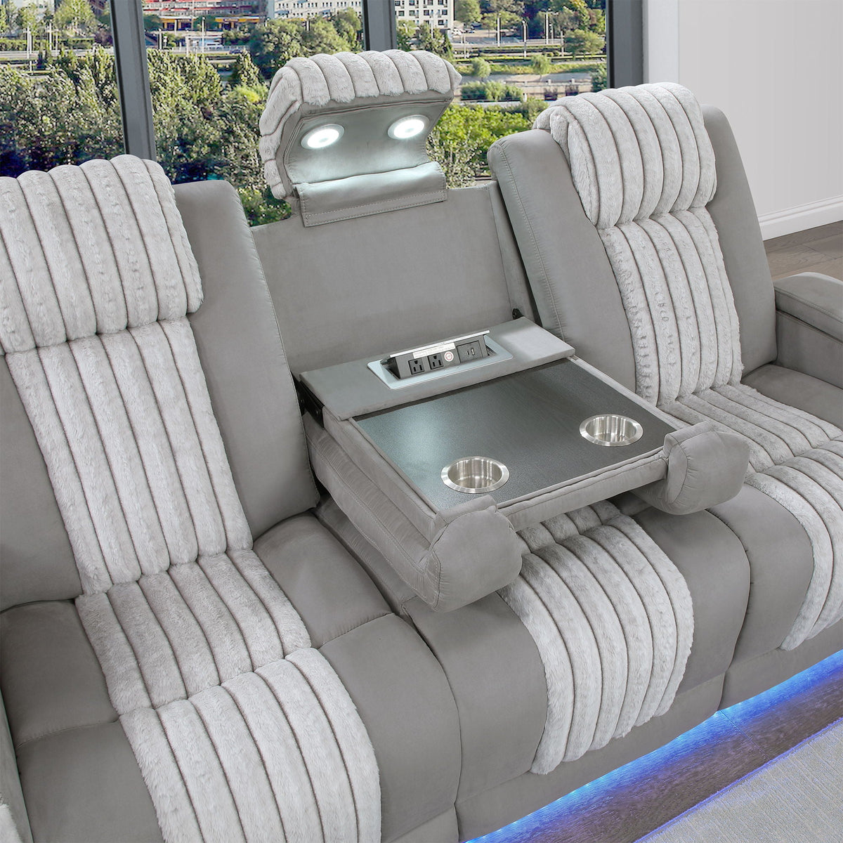 Power Reclining Sofa with Power Headrest and Drop Down Table - Black, Dark Brown, or Dark Gray