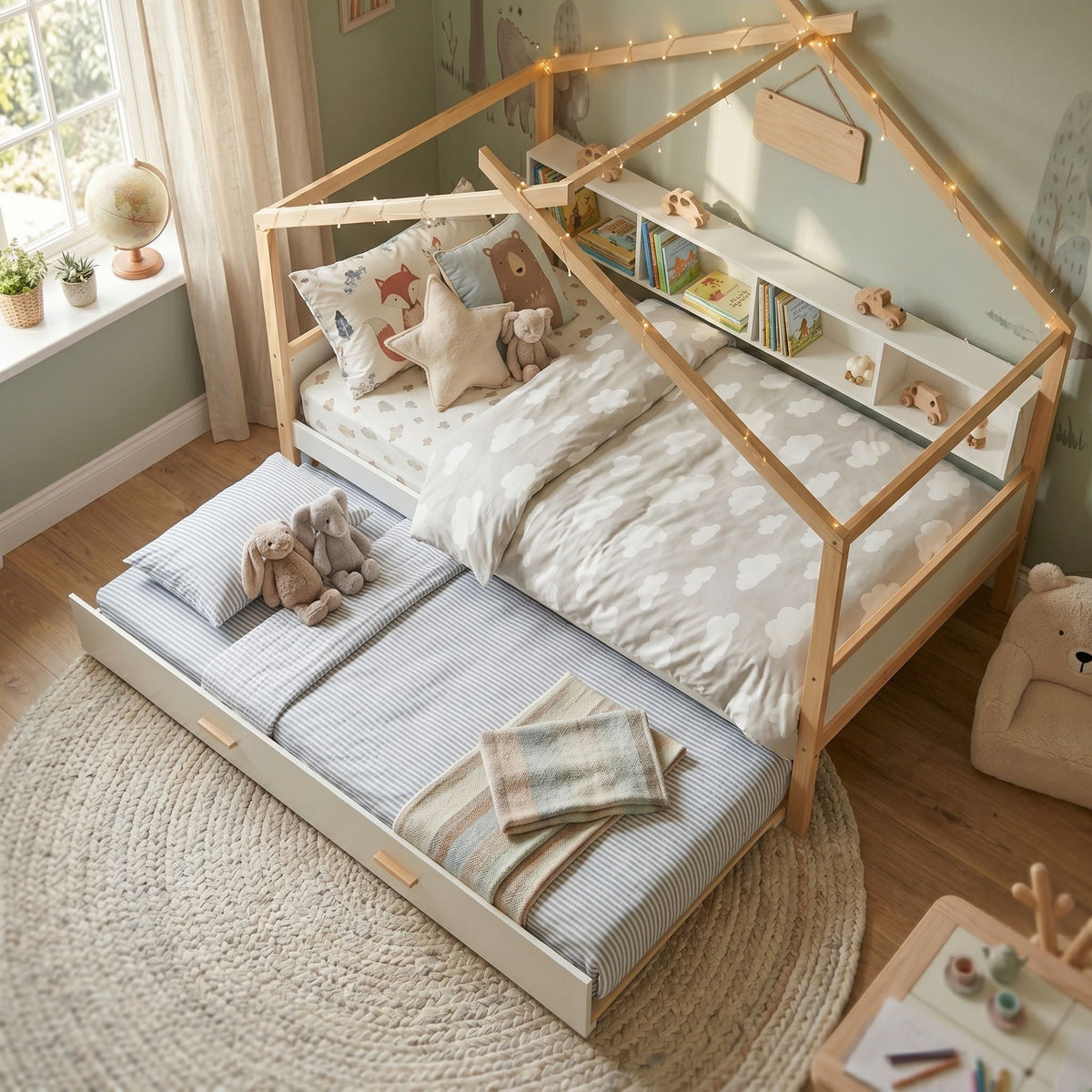House Bed With Bookshelf Storage and Integrated Shelves - White
