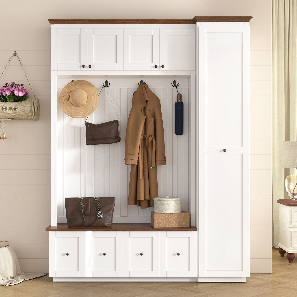 Entryway Hall Tree with Storage Bench and Cabinets – Black or White