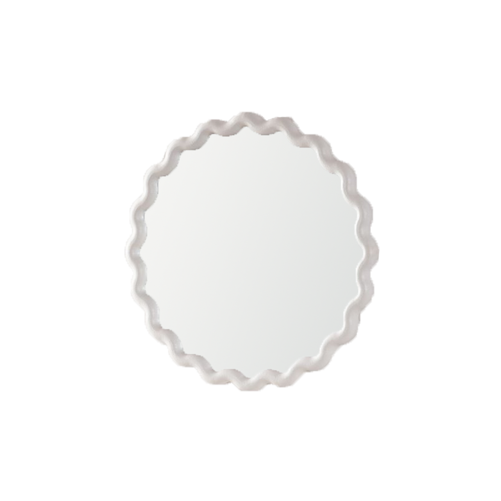 White Scalloped Round Wall Mirror with Decorative Wavy Frame - White
