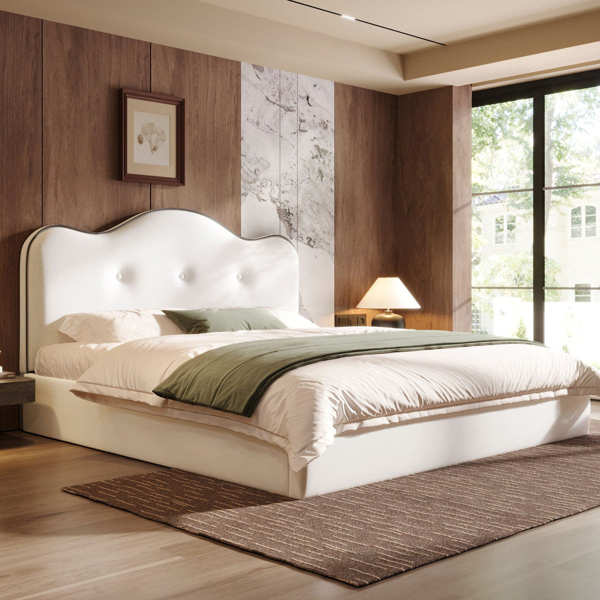 Upholstered Platform Bed with Sturdy Frame and Headboard - White