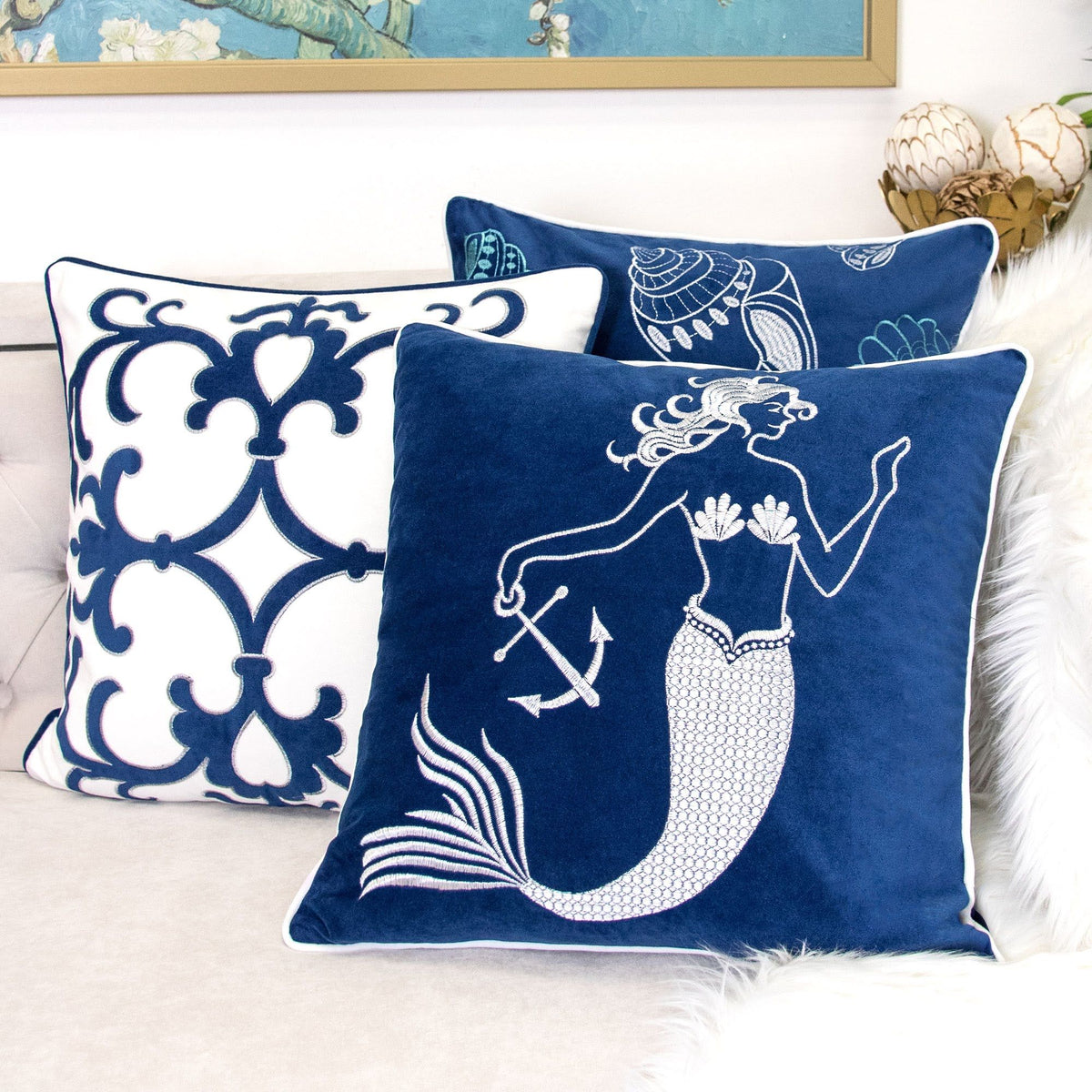Indigo Mermaid Pillow Cover with Matching Back and Hidden Zipper