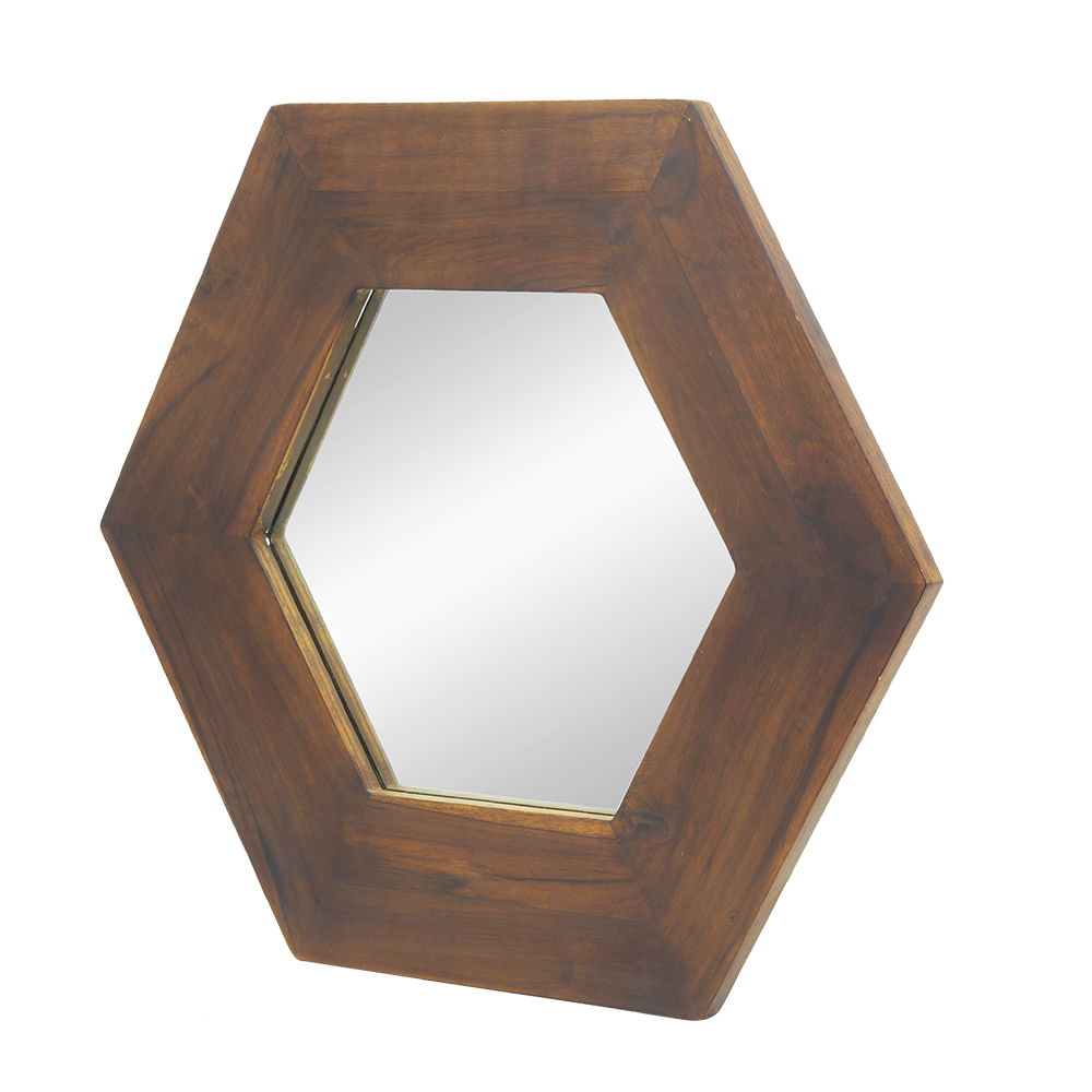 Hexagon Accent Mirror with Solid Teak Wood Frame - Light Brown, Dark Brown, Black