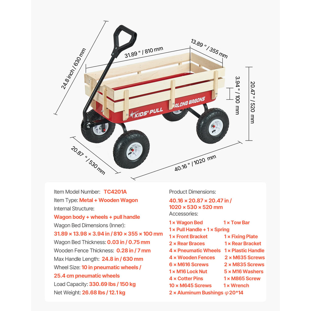 Pull-Along Wagon for Kids with Wooden Panels & Handle - 39 Inch