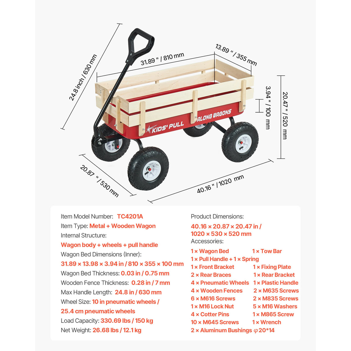 Pull-Along Wagon for Kids with Wooden Panels & Handle - 39 Inch