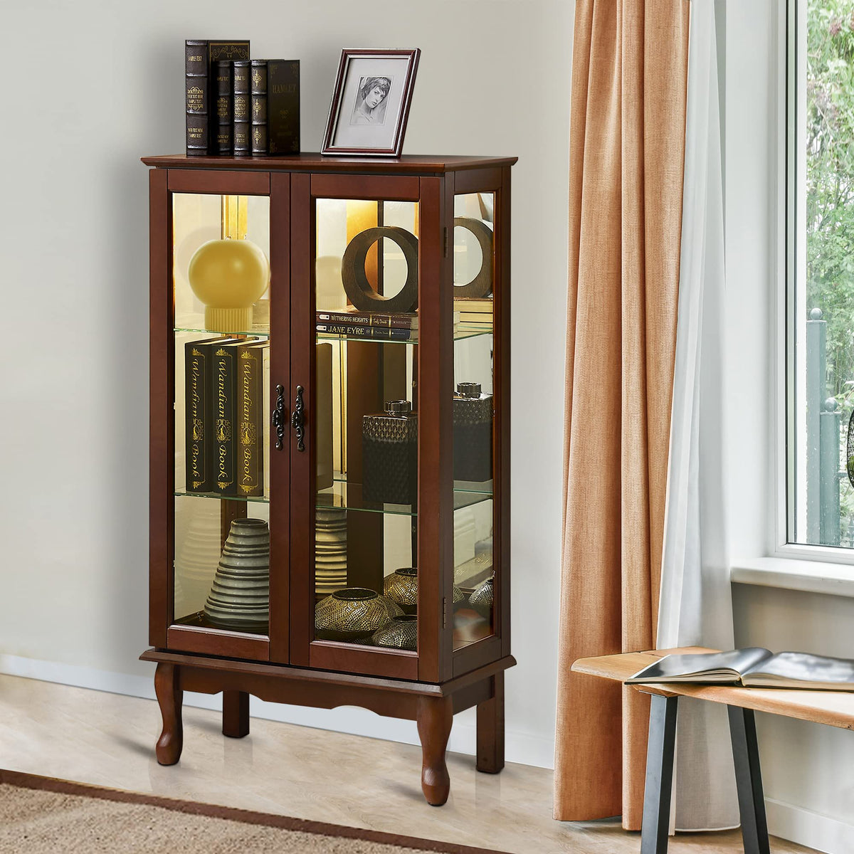 Lighted Curio Display Cabinet with Adjustable Shelves - Light Brown, Dark Brown, Dark Red
