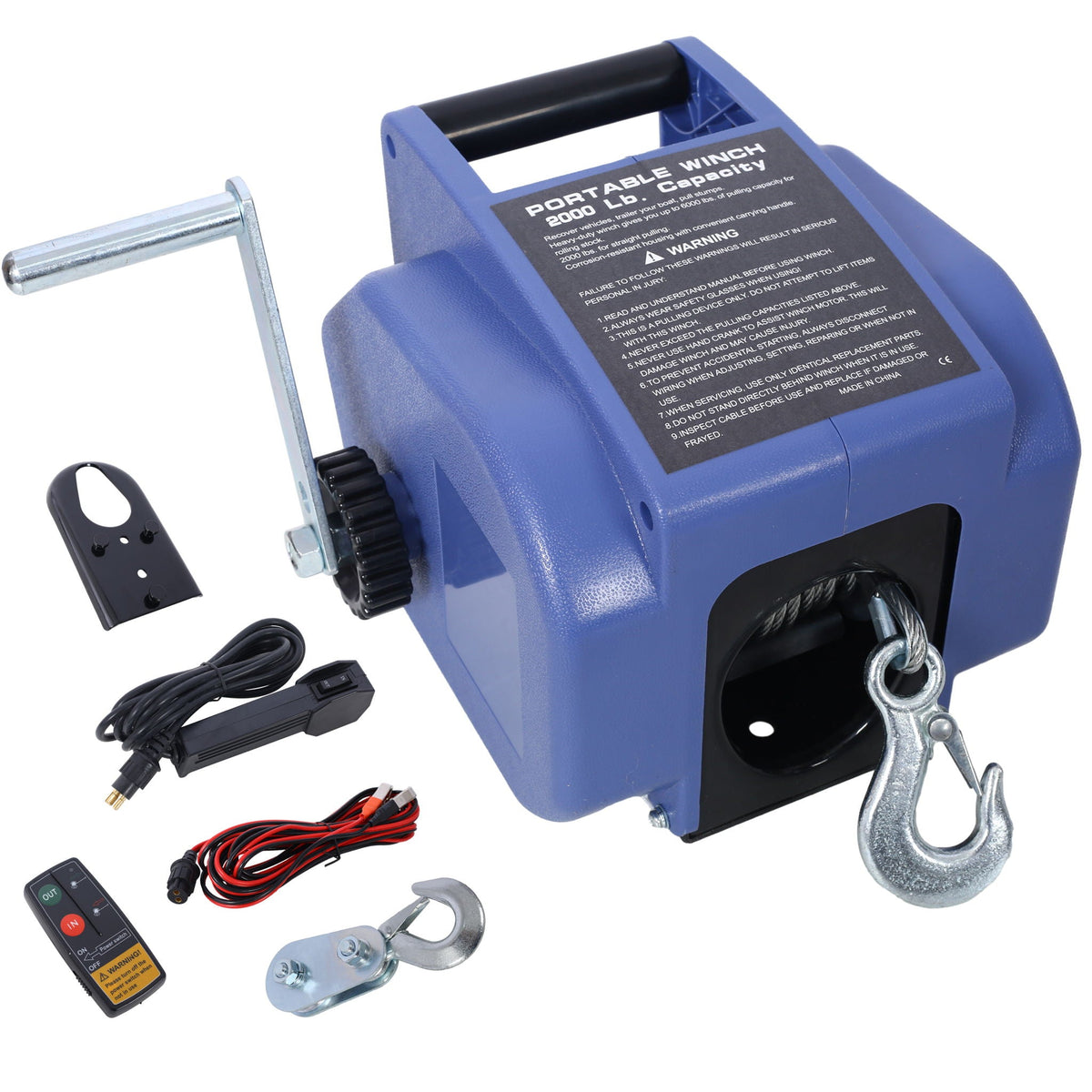 Reversible Electric 12V Trailer Winch with Galvanized Wire Rope - Blue