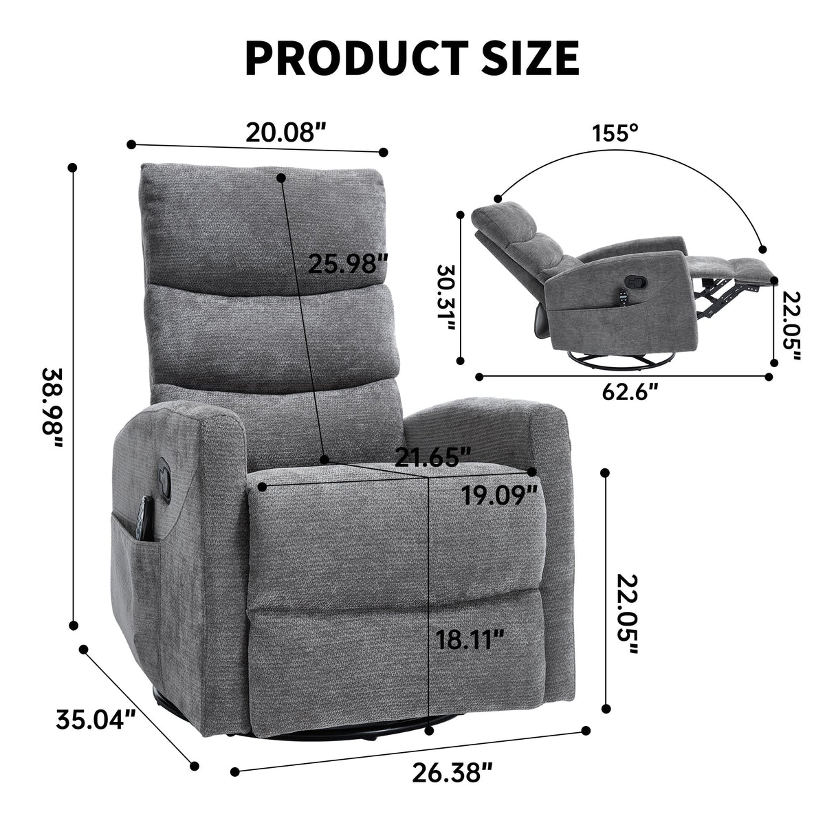 Heat Massage Recliner Chair with Cord-Free Lumbar Heat - Grey