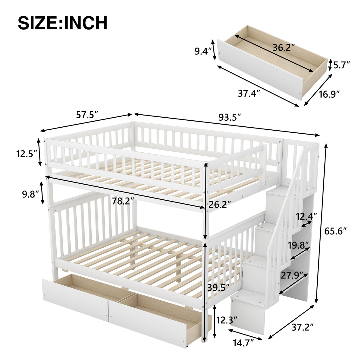 Bunk Bed with Staircase and Storage Options - Dark Gray or White