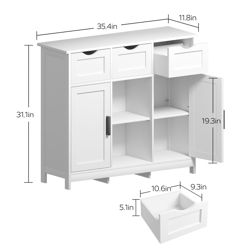 Wood Storage Sideboard with Drawers and Adjustable Shelves - White or Black