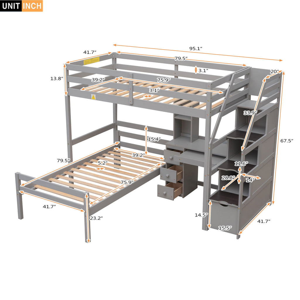 Storage Loft Bed with Stand Alone Bed and Desk - Twin Size