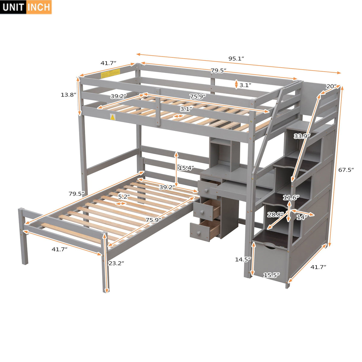 Storage Loft Bed with Stand Alone Bed and Desk - Twin Size
