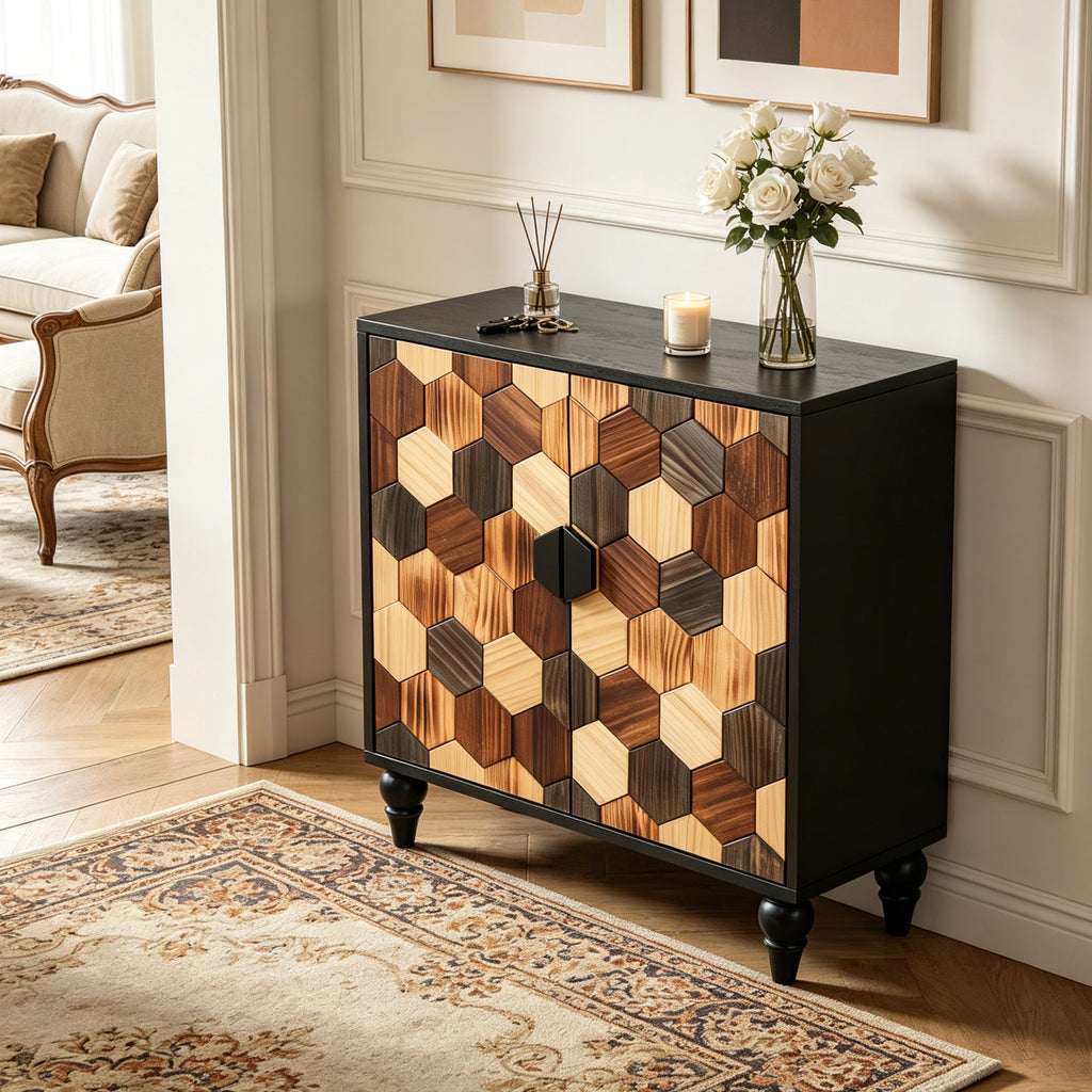 Modern Accent Cabinet with Honeycomb Pattern Doors - Antique Black or Brown