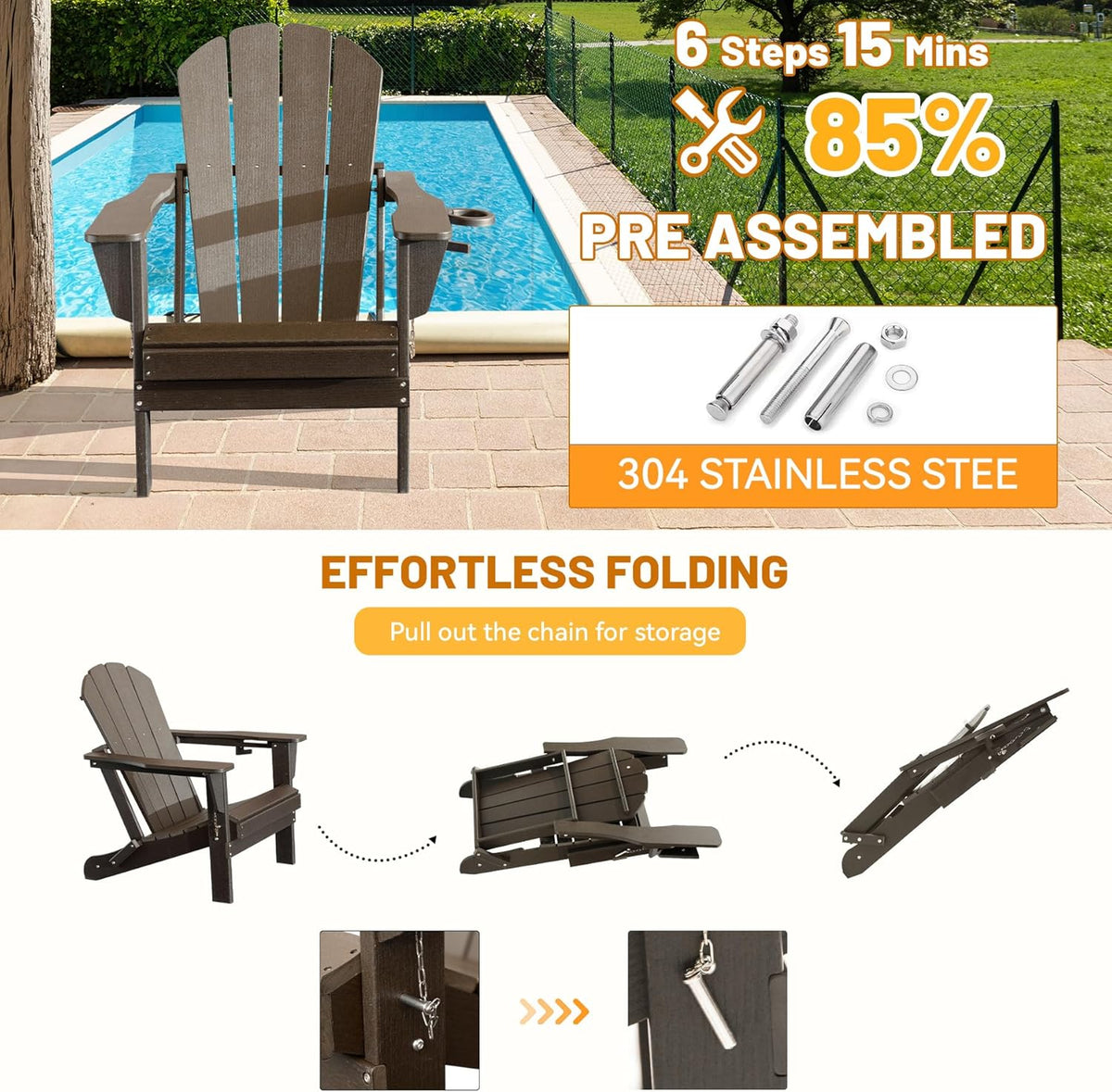 Brown Folding Adirondack Chair with Cup Holder - HDPE Outdoor Seating