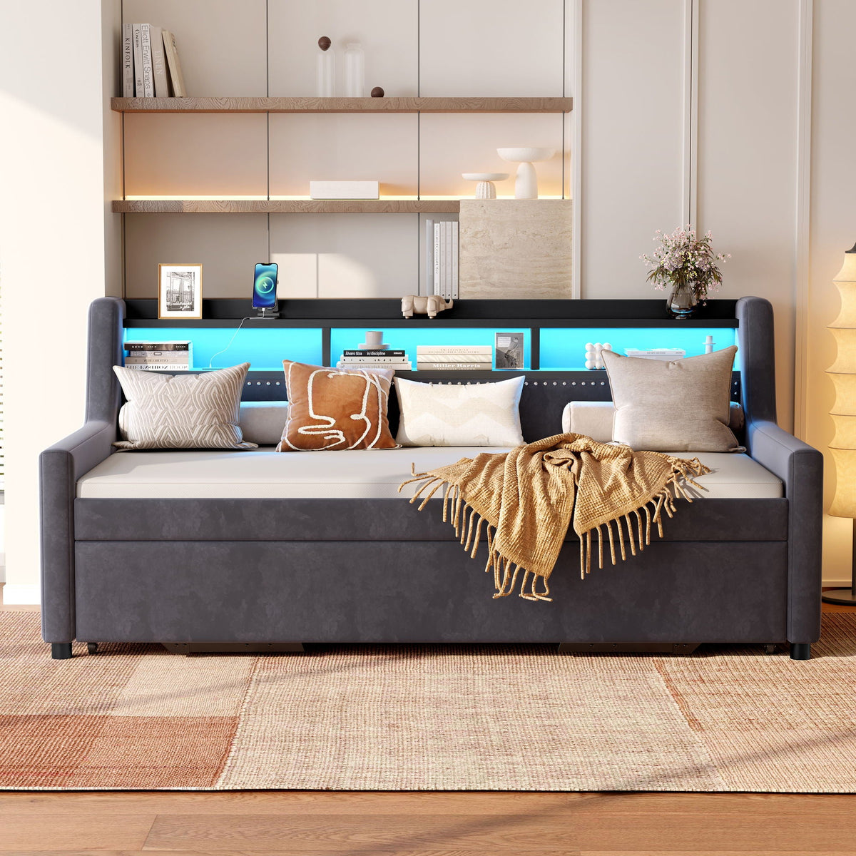 Twin Size Daybed With LED Light & Charging Station - Dark Gray