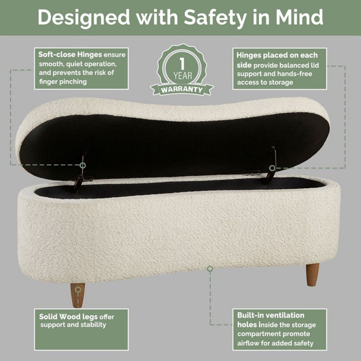 Flip Top Storage Bench with Soft Close Hinges - Light Brown, Beige, or Dark Green