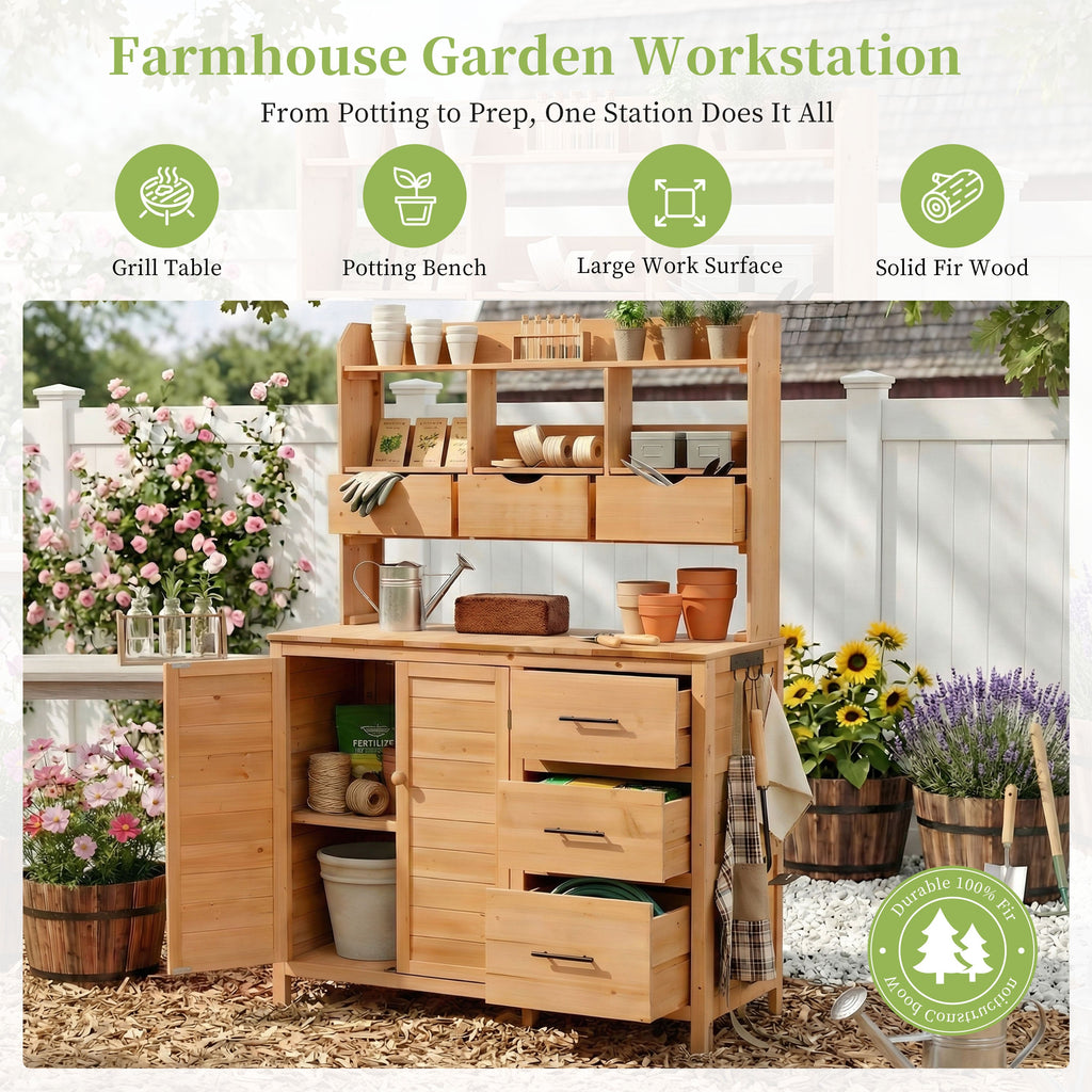 Farmhouse Patio Potting Bench with Storage and Workstation - Natural Wood