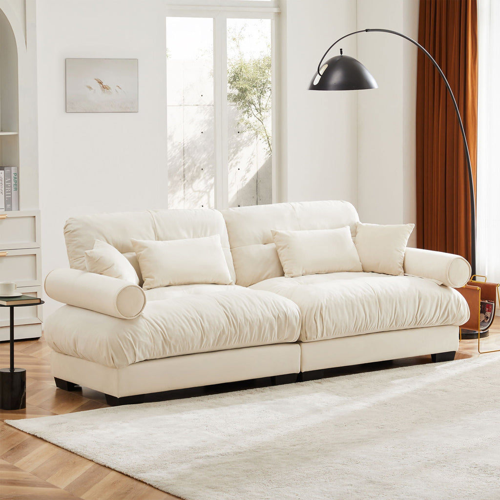 Modern Sofa with Bolstered Armrests and Pillows - Beige or Dark Green