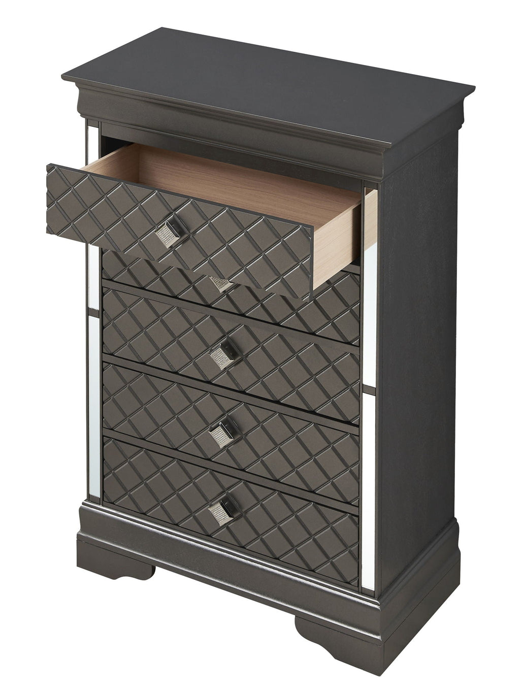 Embossed X Design Accent Chest with Crystal Pulls - Gray, Black, or Pearl Silver