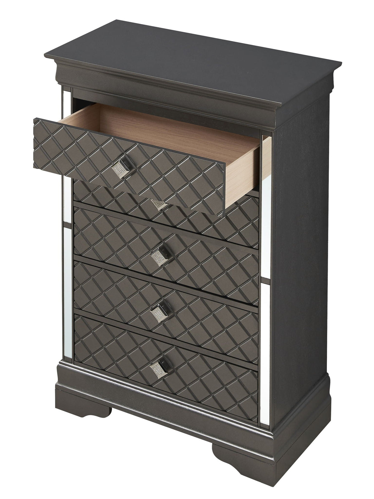 Embossed X Design Accent Chest with Crystal Pulls - Gray, Black, or Pearl Silver
