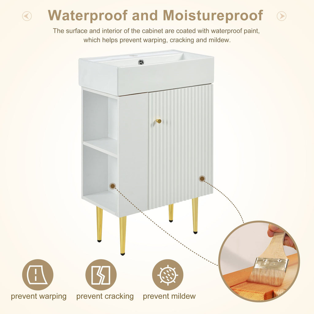 Bathroom Vanity with Single Ceramic Sink and Side Storage - Multiple Colors