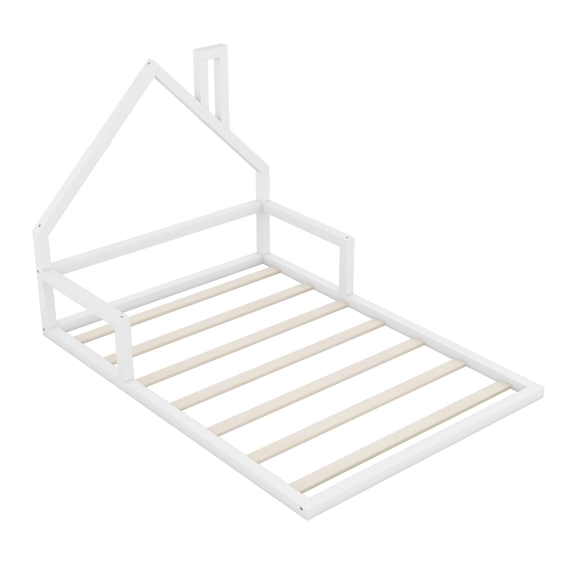 Elegant Floor Bed With House Shaped Headboard - Full Size Solid Wood