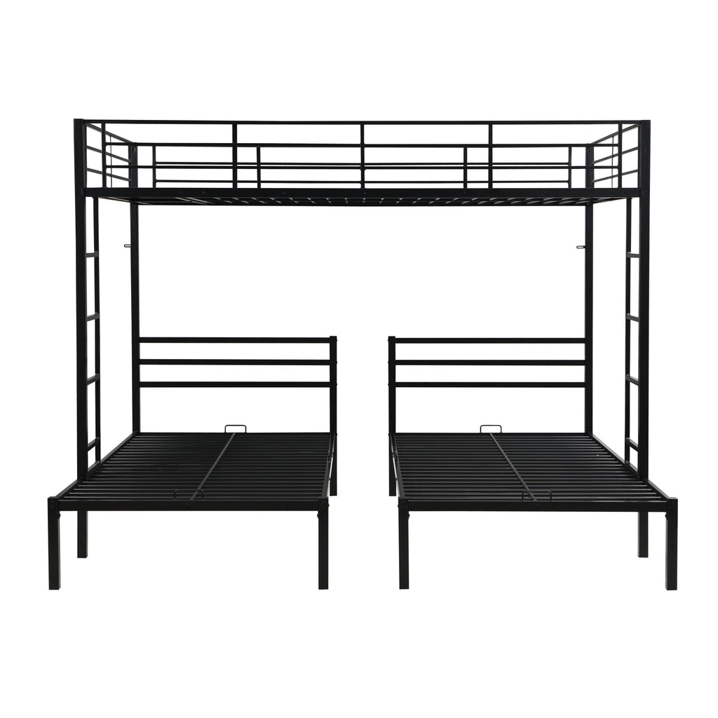 Modern Metal Triple Bunk Bed with Storage Shelf - Black