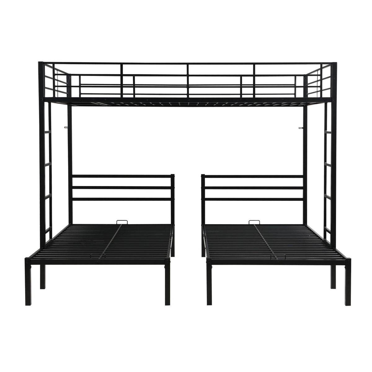 Modern Metal Triple Bunk Bed with Storage Shelf - Black