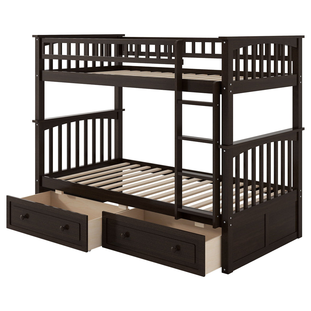 Convertible Bunk Bed With Drawers - Solid Wood with Storage - White, Dark Brown or Dark Gray
