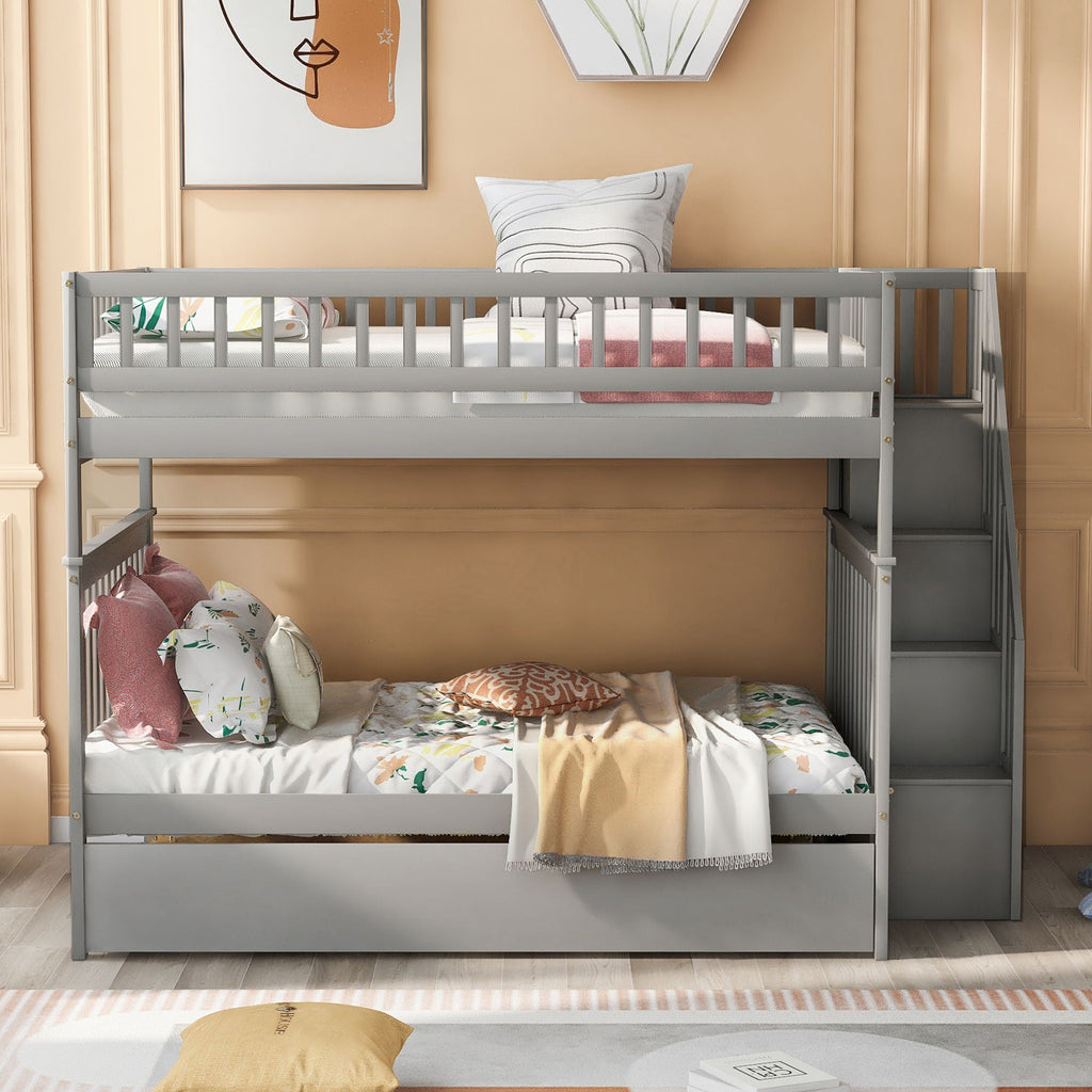 Bunk Bed with Staircase and Storage Options - Dark Gray or White