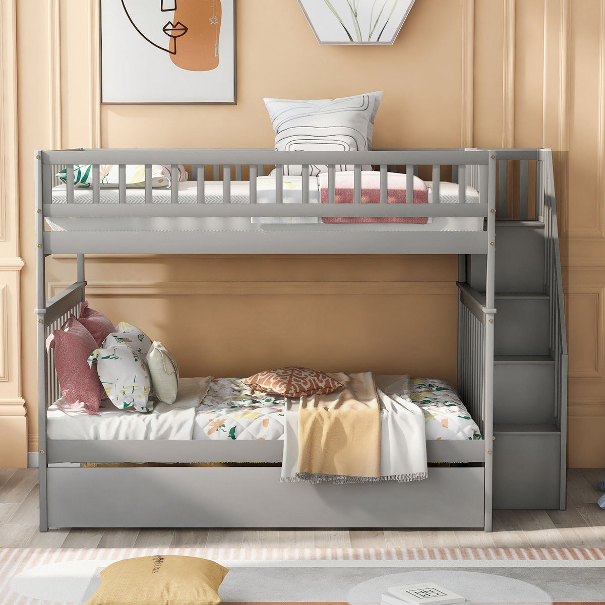 Bunk Bed with Staircase and Storage Options - Dark Gray or White