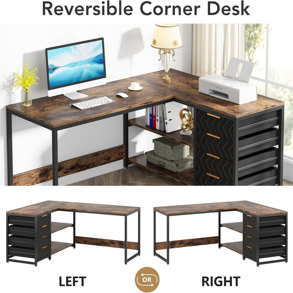 L-Shaped Computer Desk with Drawers and Shelves - Black or Dark Brown