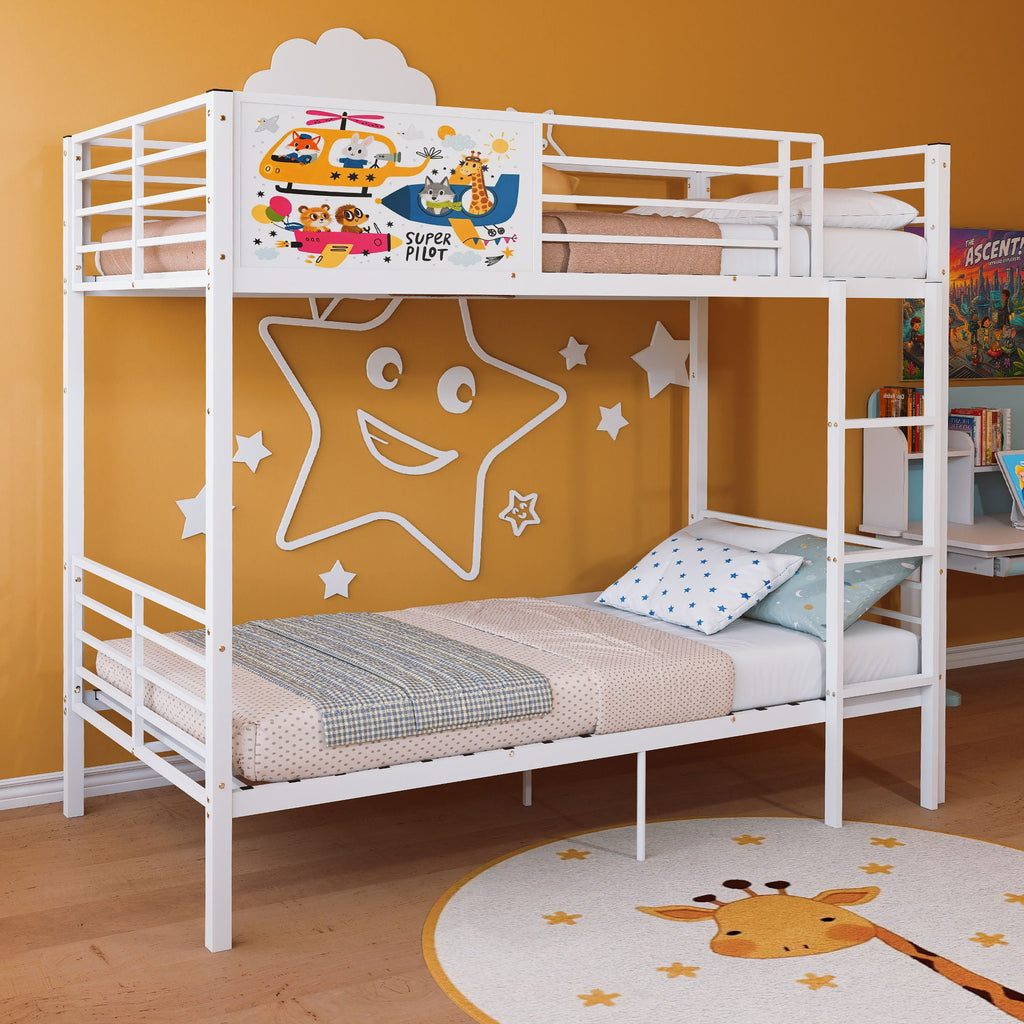 White Convertible Twin Bunk Bed with Full Length Guardrail & Ladder