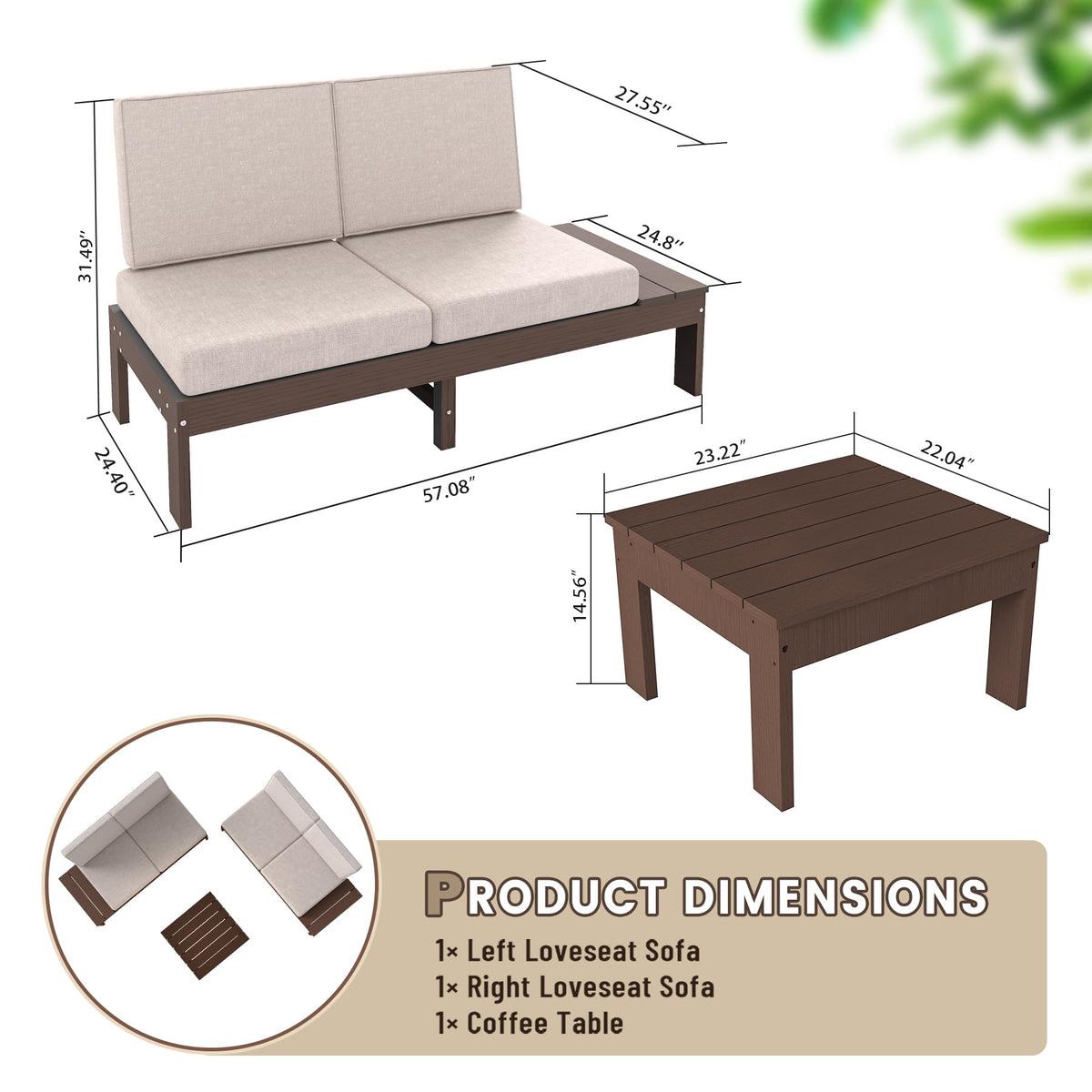 HDPE Outdoor Patio Sofa Set with Cushioned Sectional Seating - Modern 3-Piece