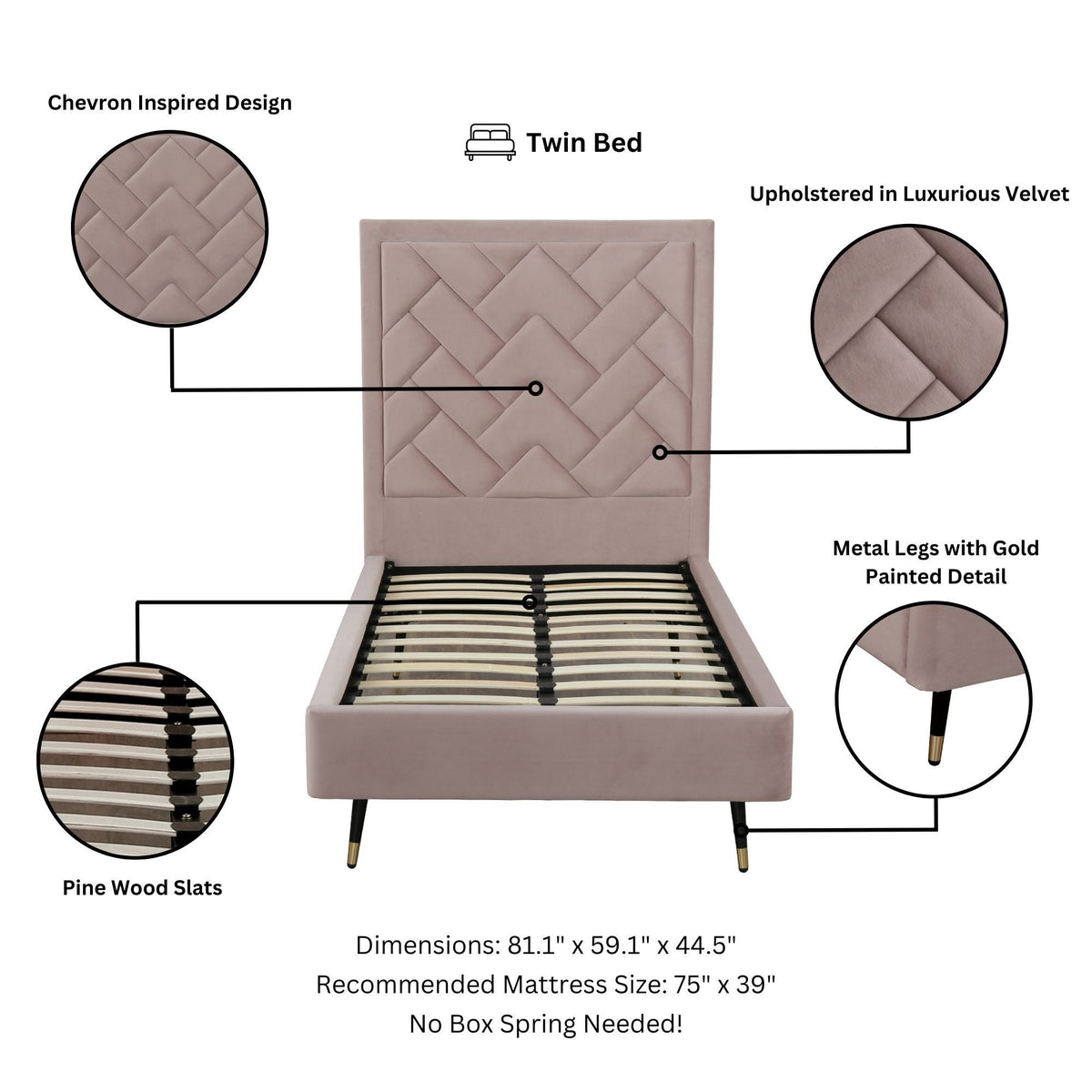 Upholstered Bed with Headboard and Slats - Multiple Colors