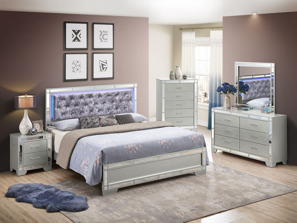Pearl Silver Upholstered Bed with LED Headboard - Madison