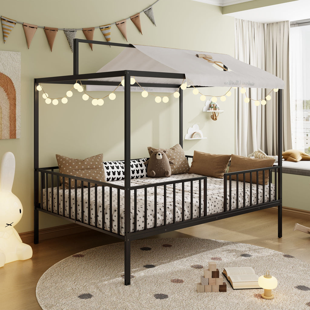 3 In 1 Convertible Montessori Floor Bed with Fenced Support - Full