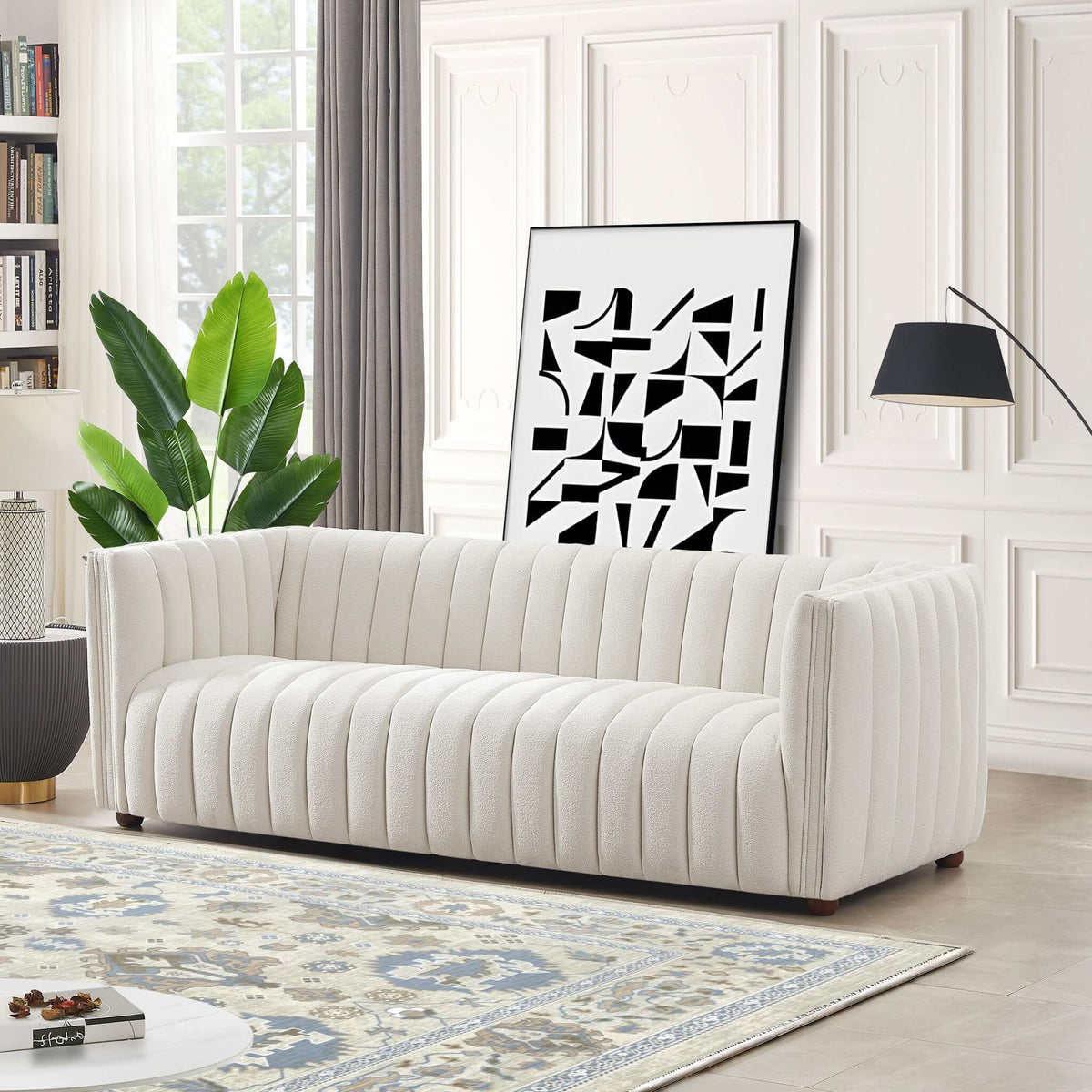Mid-Century Modern Boucle Couch with Tight Back - Beige