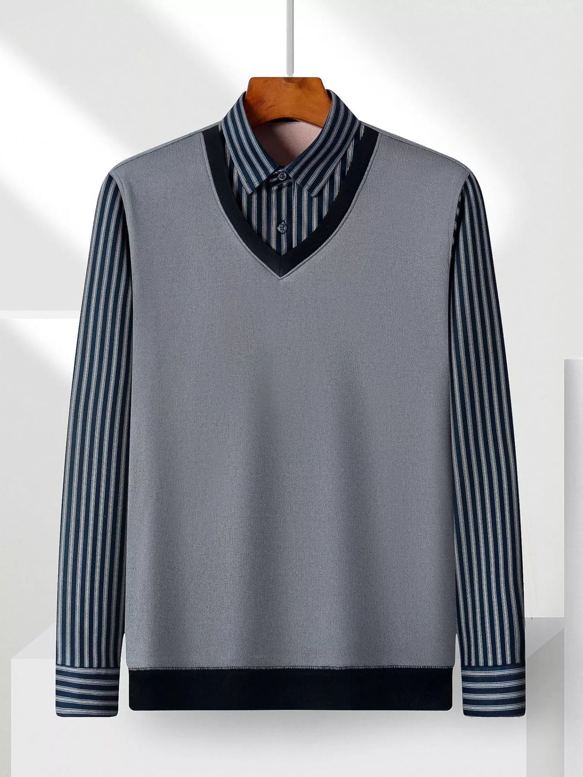 Men's Plus Size Striped Long Sleeve Fake Two-Piece Knit Top