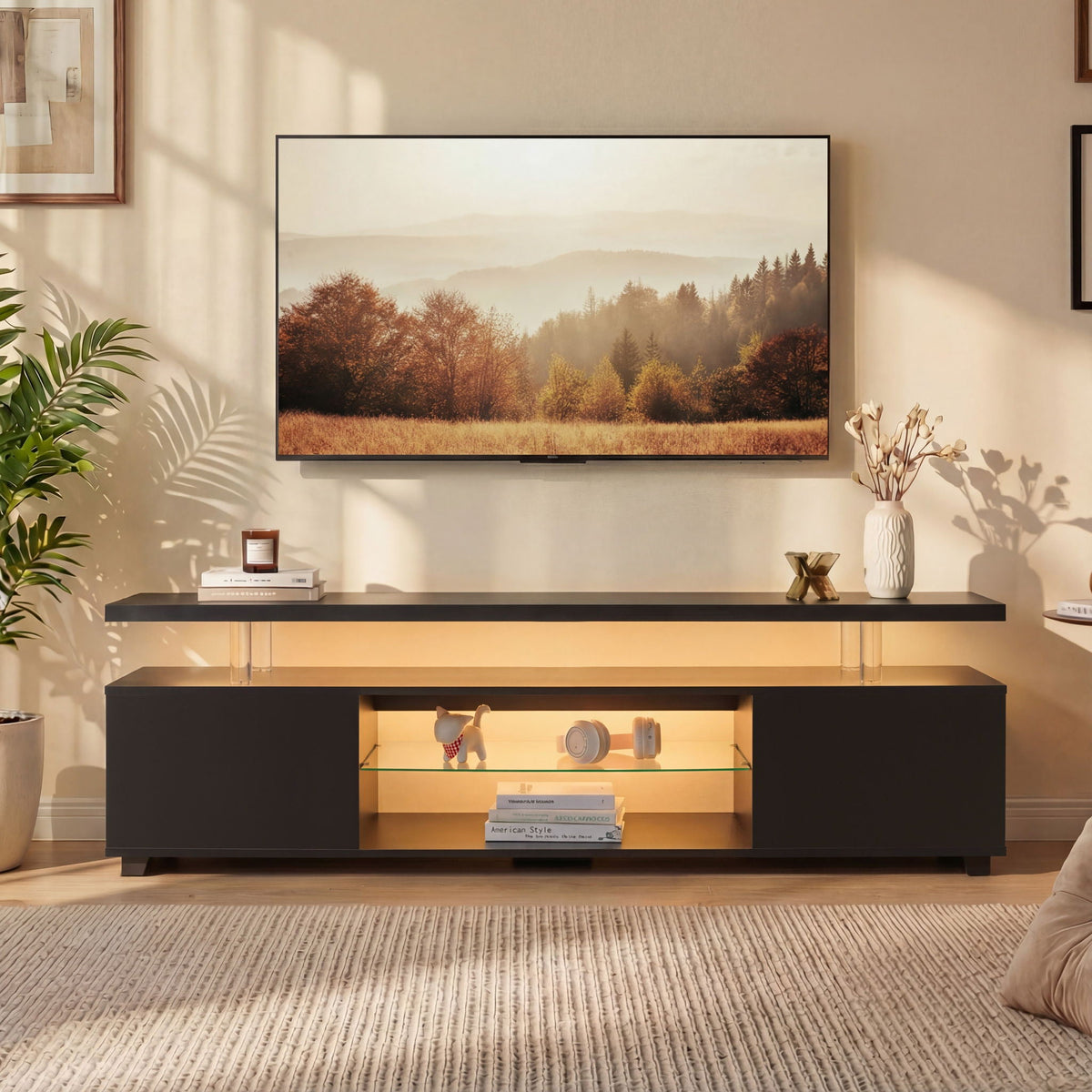 TV Stand with LED and Large Side Cabinet - White, Black, or Gray