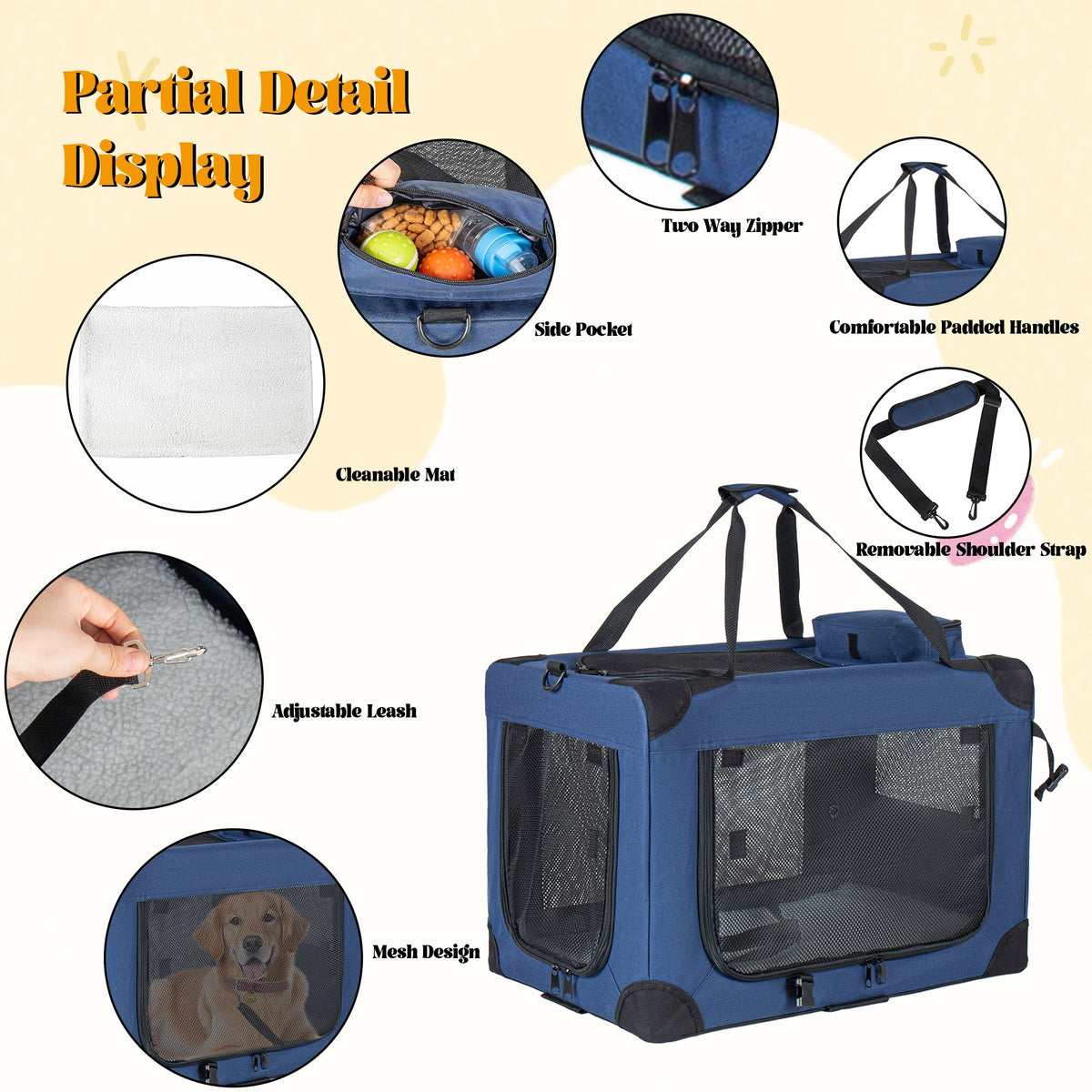 40" Soft Dog Crate with Fleece Mat - 3 Mesh Doors - Dark Blue
