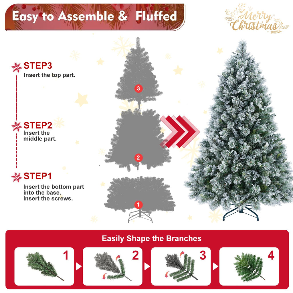 4FT Flocked Christmas Tree with Pine Needles & Eucalyptus Leaves - Frosted PVC