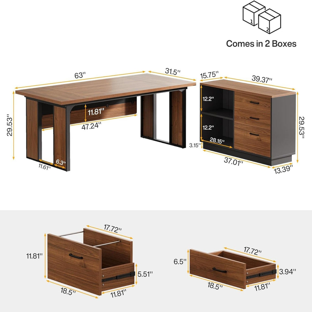 L-Shaped Executive Desk with File Cabinet - Brown / Black