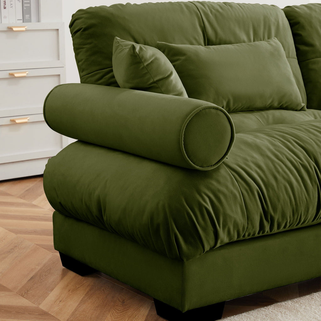Modern Sofa with Bolstered Armrests and Pillows - Beige or Dark Green