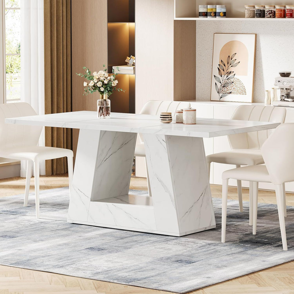 White Dining Table for 4–6 with Trapezoid Base - Faux Marble Finish
