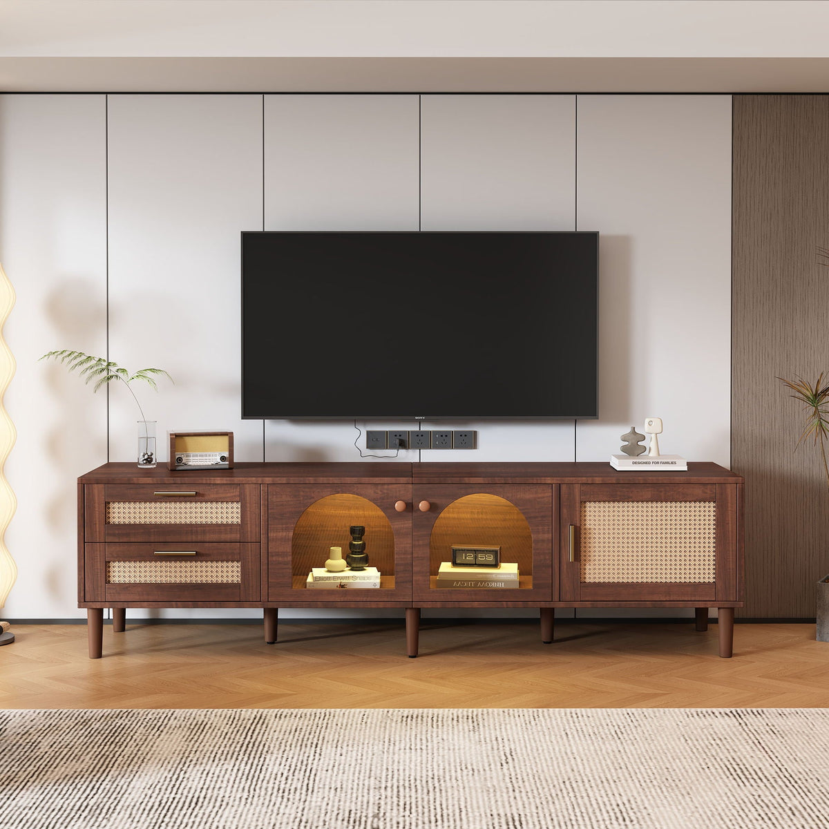 TV Stand With 3 Cabinets & 2 Drawers with LED Light - Dark Brown