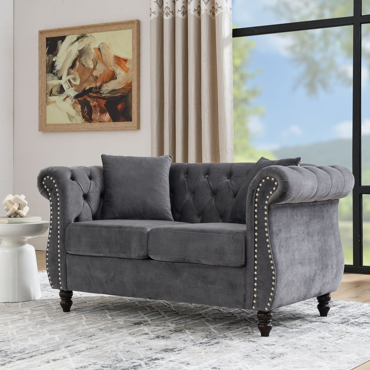 Chesterfield Sofa with Rolled Arms and Nailhead Trim – Solid Wood Frame