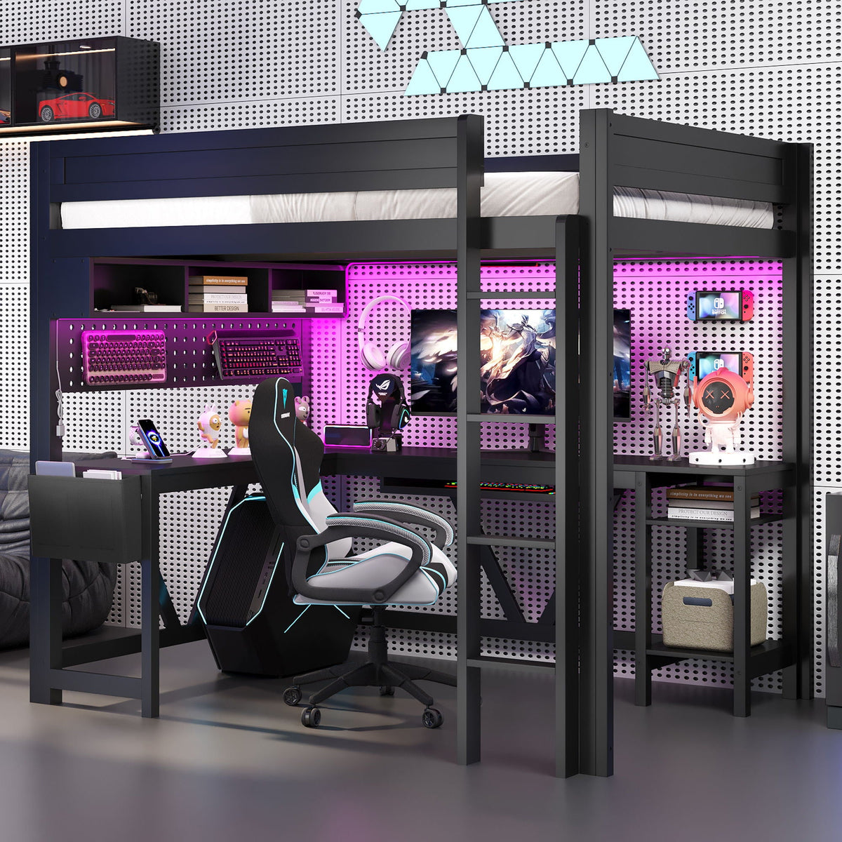 Gaming Loft Bed With Desk, Storage Shelves, LED and Charging Station - Full